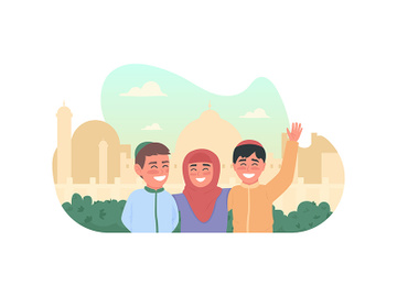 Happy muslim children 2D vector web banner, poster preview picture