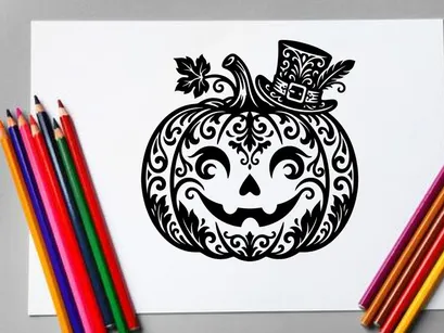 Stylized Halloween Pumpkin with Jack-o'-Lantern Face and Witch Hat
