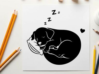 Sleeping dog silhouette with heart and zzz