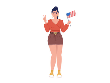 Joyful woman with American flag semi flat color vector character preview picture