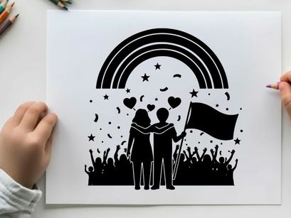 Silhouette of a couple celebrating with a rainbow and crowd