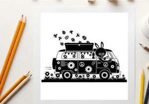 Silhouette of a decorated van with flowers and peace signs silhouette