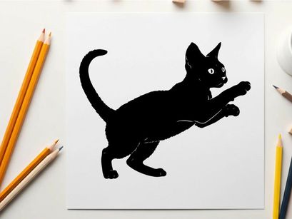 Black cat silhouette jumping to the right with tail up