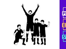 Four boys in black uniforms celebrating a sports achievement with joy and excitement