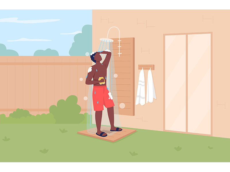 Taking shower in backyard flat color vector illustration