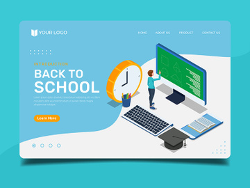 Student learning at computer screen - Landing page illustration template preview picture