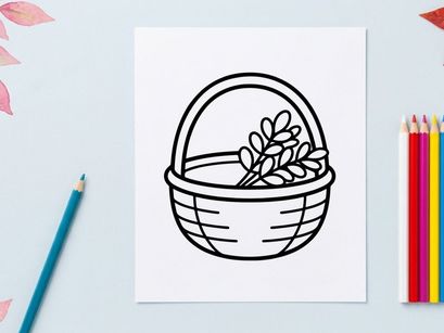 Wicker basket with leaves icon. Simple line art illustration of a harvest container.