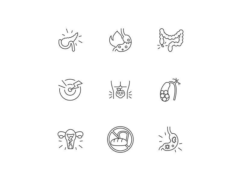 Pain in belly linear icons set