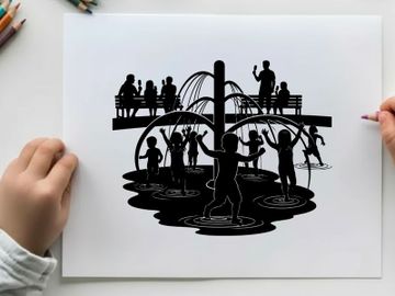 Silhouette of children playing in a splash pad on a sunny day preview picture