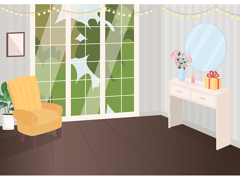 Festive decorated room flat color vector illustration