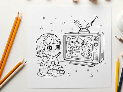 Girl watching cartoon cat and dog on tv vector illustration