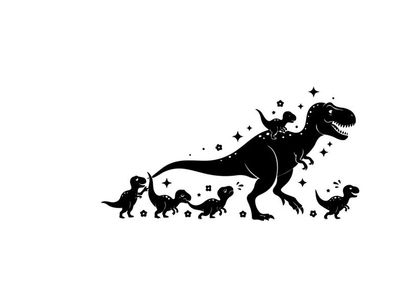 Silhouette of a t rex and its babies in space