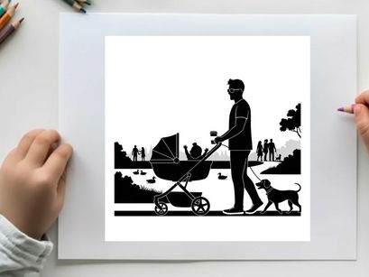 Silhouette of a man walking dog and pushing baby stroller in park