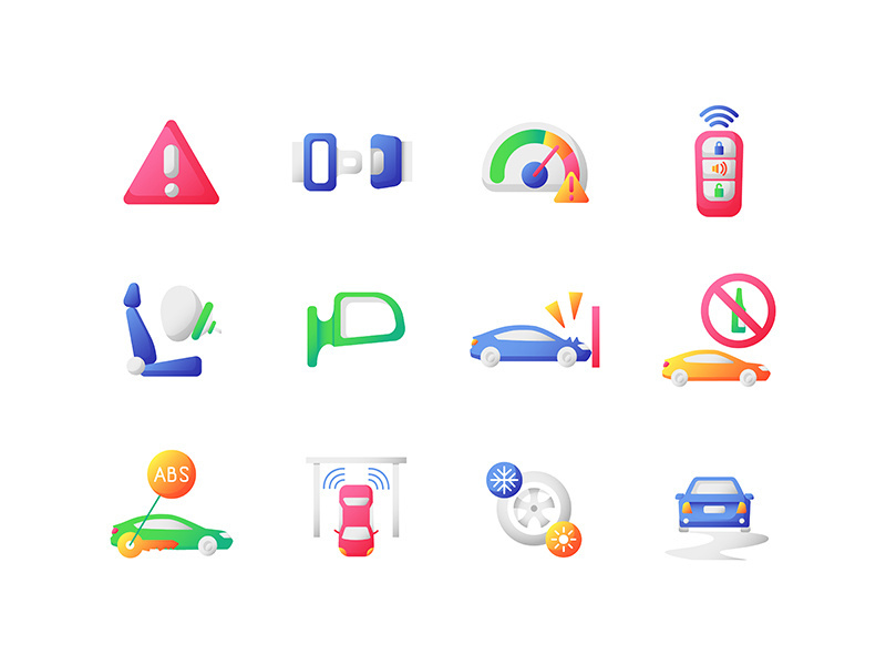 Driving safety vector flat color icon set