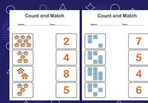 10 Pages Count and match with the correct number. Matching education game. Count how many items and choose the correct number