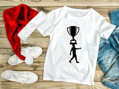 A person walking with a trophy on their head in a simple black silhouette graphic