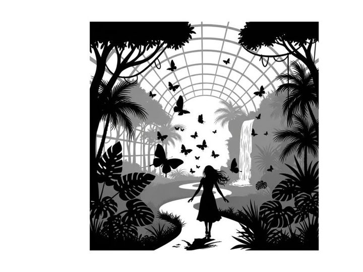Silhouette of a girl in a greenhouse with butterflies and plants