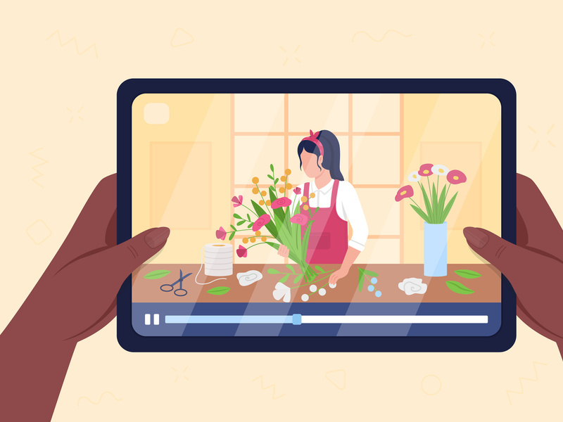 Hands hold tablet with video on flower arrangement flat color vector illustration