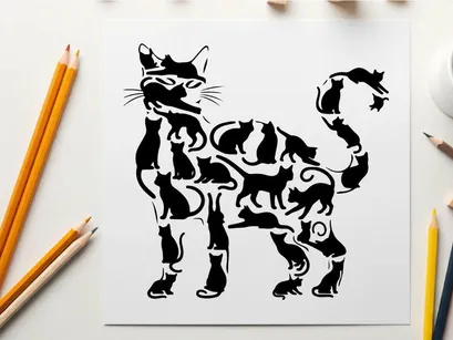 Silhouette of a cat with swirling patterns design