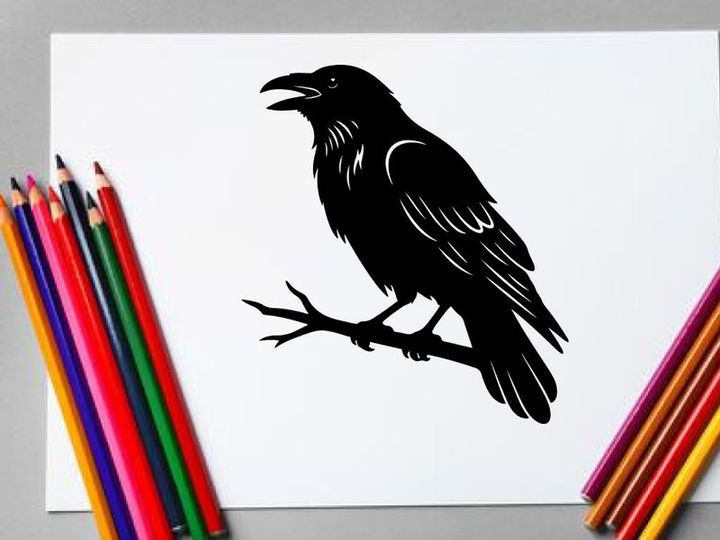 Black Crow Silhouette Perched on Branch for Nature and Bird Themes