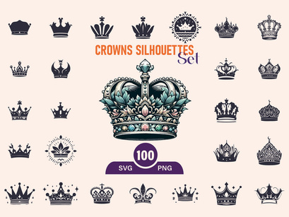 Royal Crown Silhouette, Retro King Crown Icons.