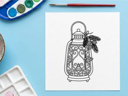 Ilustrasi seni garis lentera Natal dengan cabang dan kerucut pinus untuk desain hari raya
