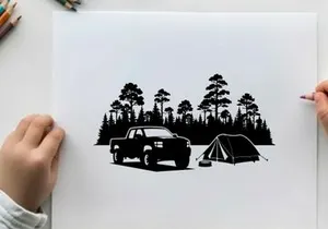 Camping silhouette of a truck and tent in a forest