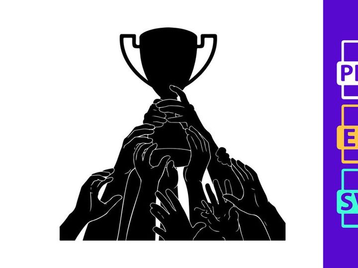 A group of hands holding up a trophy in celebration and teamwork