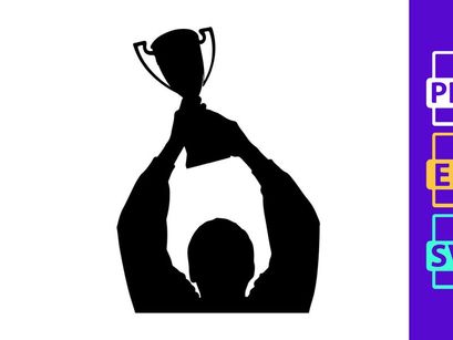 A triumphant person holding a trophy in victory and celebration