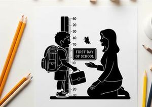 Silhouette of mother and child on first day of school with height measurement