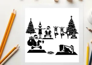 Christmas silhouette of people doing yoga and exercising outdoors
