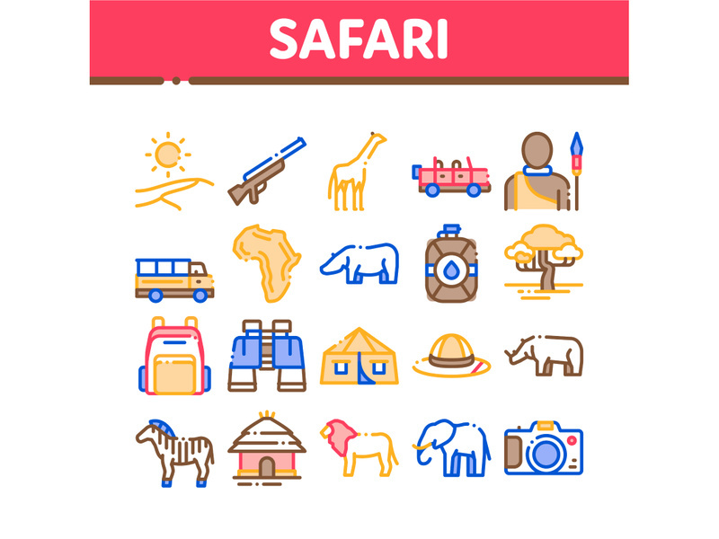 Safari Travel Collection Elements Icons Set Vector