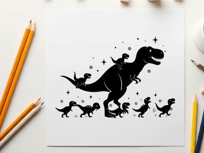 Silhouette of a t rex and baby dinosaurs in space