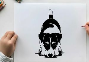 Silhouette of a sad black and white dog peeking forward