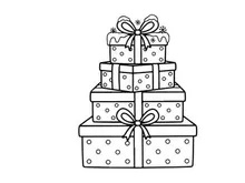 Stack of Christmas gift boxes with ribbons, black and white line art coloring page design.