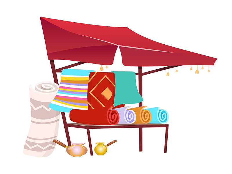 Souk trade tent with handmade carpets cartoon vector illustration