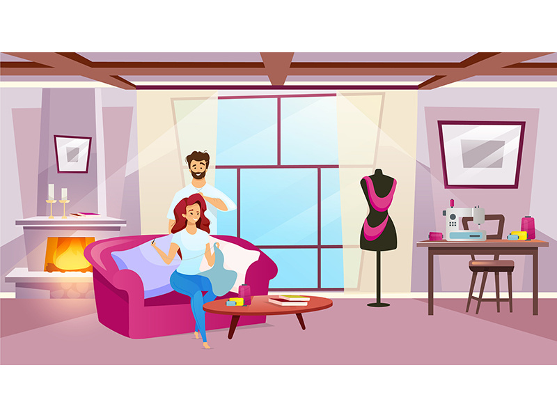 Female character sewing in cosy room flat color vector illustration