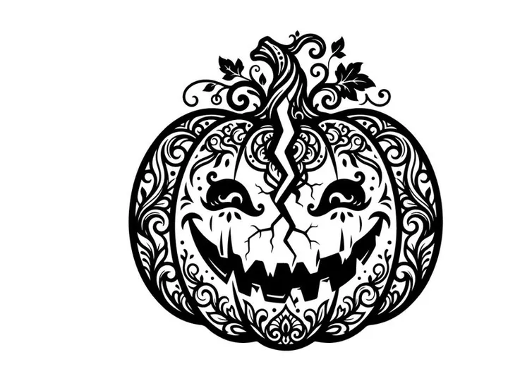 Decorative Halloween pumpkin with carved face and intricate patterns