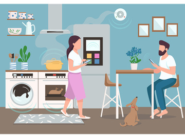 Couple in smart kitchen flat color vector illustration preview picture