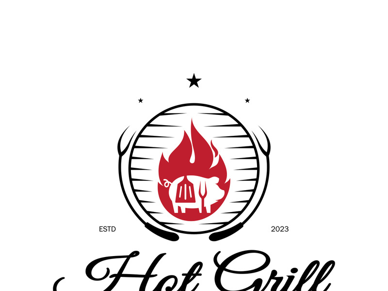 Simple Barbecue Vintage hot grill, with crossed flames and spatula. Logo for restaurant, badge, cafe and bar.vector