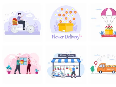 25 Flower Delivery Courier Service Online Vector Illustration