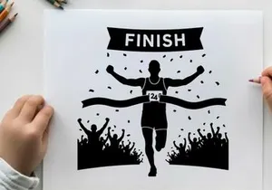 Silhouette of a runner crossing the finish line with cheering crowd
