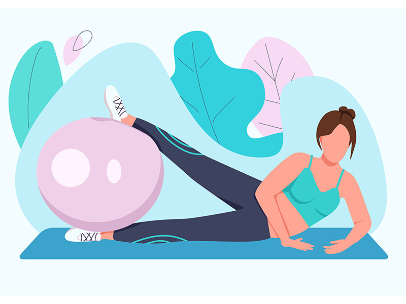 Woman training with stability ball flat color vector faceless character