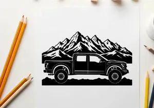 Silhouette of a pickup truck in front of majestic mountain range silhouette