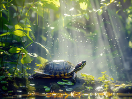 A turtle sunbathes on a rock surrounded by lush greenery and calm waters. Generate AI preview picture