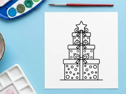 Christmas gift boxes stack with star topper line art illustration for holiday design