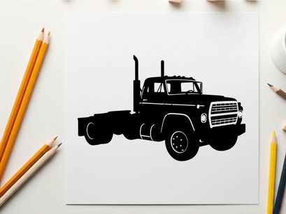 Silhouette of a large black truck with a flatbed and exhaust pipes silhouette