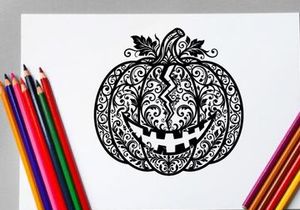 Labu Halloween Hias dengan Desain Filigree Hitam yang Rumit