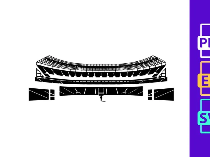 A large empty sports stadium with a single person standing in the center field area