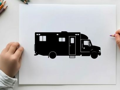 Silhouette of a large recreational vehicle or motorhome against a white background